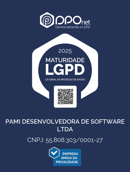 Selo Maturidade LGPD 2025 (PPO.net) — PAMI Desenvolvedora de Software LTDA, CNPJ 55.808.303/0001-27, Empresa Amiga da Privacidade